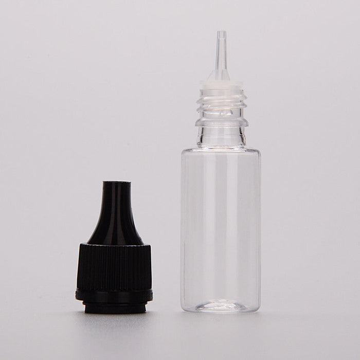 10ml e-liquid bottle with cap and dropper.
