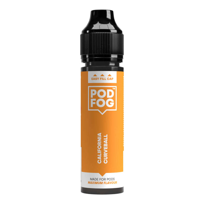 California Curveball 60ml bottle by POD FOG with peach and orange bubble gum flavor, ideal for pod devices, 50/50 mix.