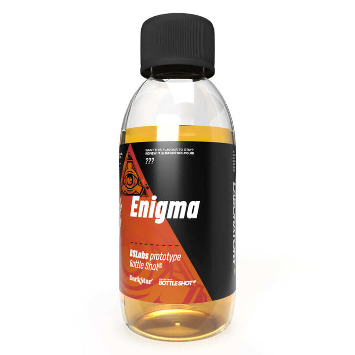 Enigma Bottle Shot with bold label, offers a complex dessert flavor. Mix at 20%, steep for 4 weeks or use immediately.